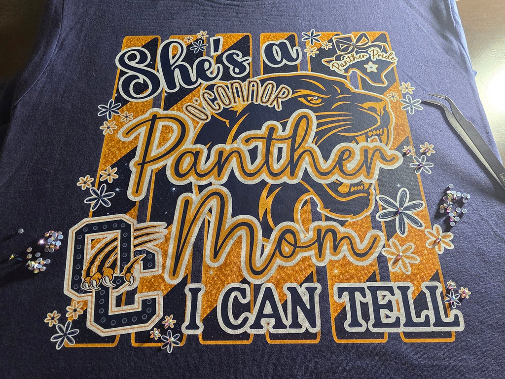 She's a O'Connor Panther Mom I Can Tell Bella Canvas Navy T-Shirt with Bling Accents