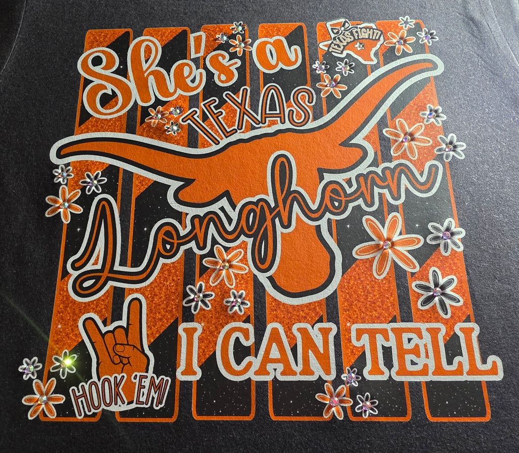 She's From Texas I Can Tell Longhorns Bella Canvas T-Shirt with Rhinestone Bling Accents
