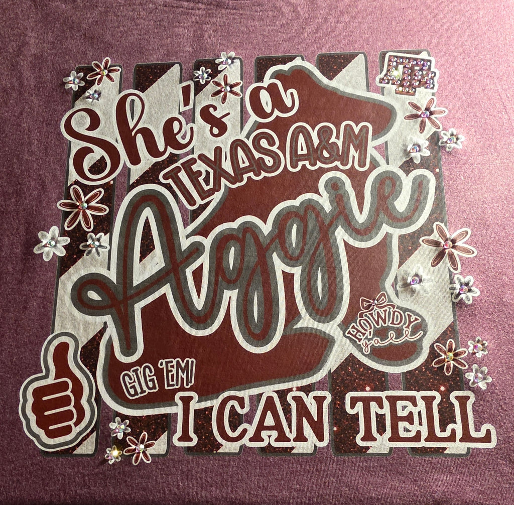She's Texas Aggie I Can Tell Bella Canvas T-Shirt with Rhinestone Bling Accents