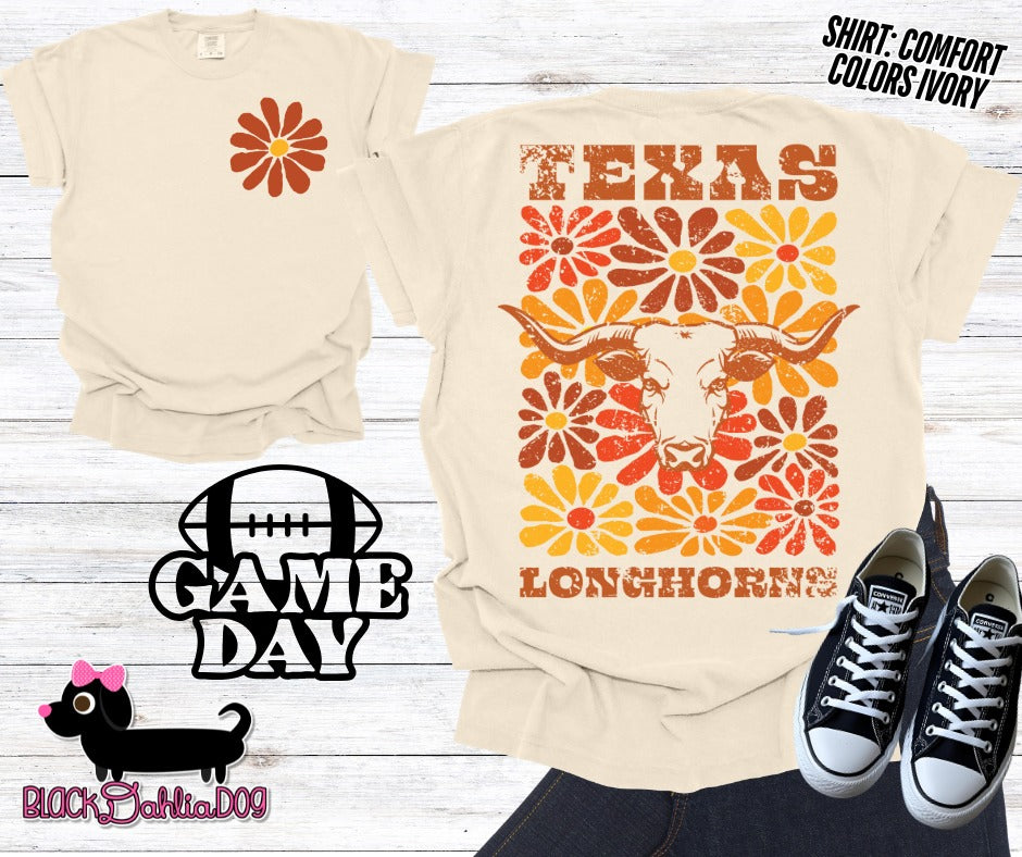 Longhorns Groovy Floral Comfort Colors Adult Shirt
