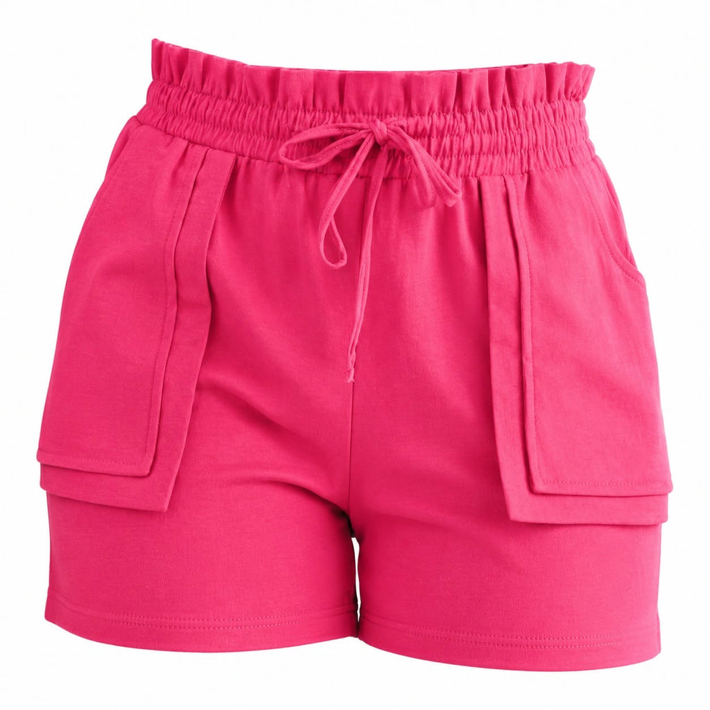 Women's Hot Pink Elastic Waist Front Pocket Self Tie Shorts