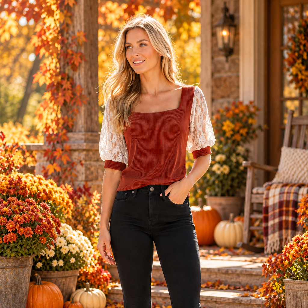 Rust Ribbed Square Neck Lace Puff Sleeve Top