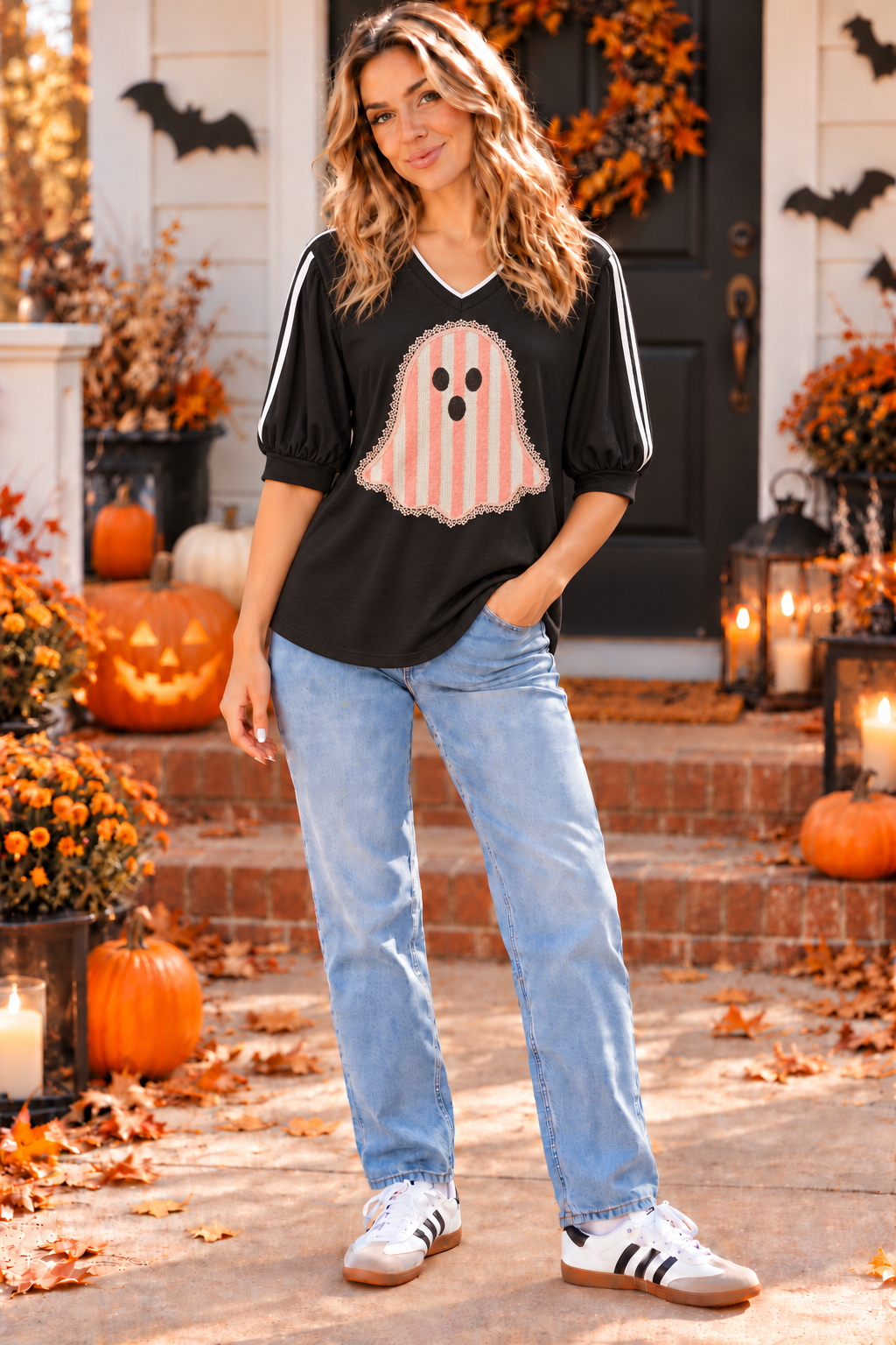 Black & Pink Striped Ghost Puff Sleeve Top