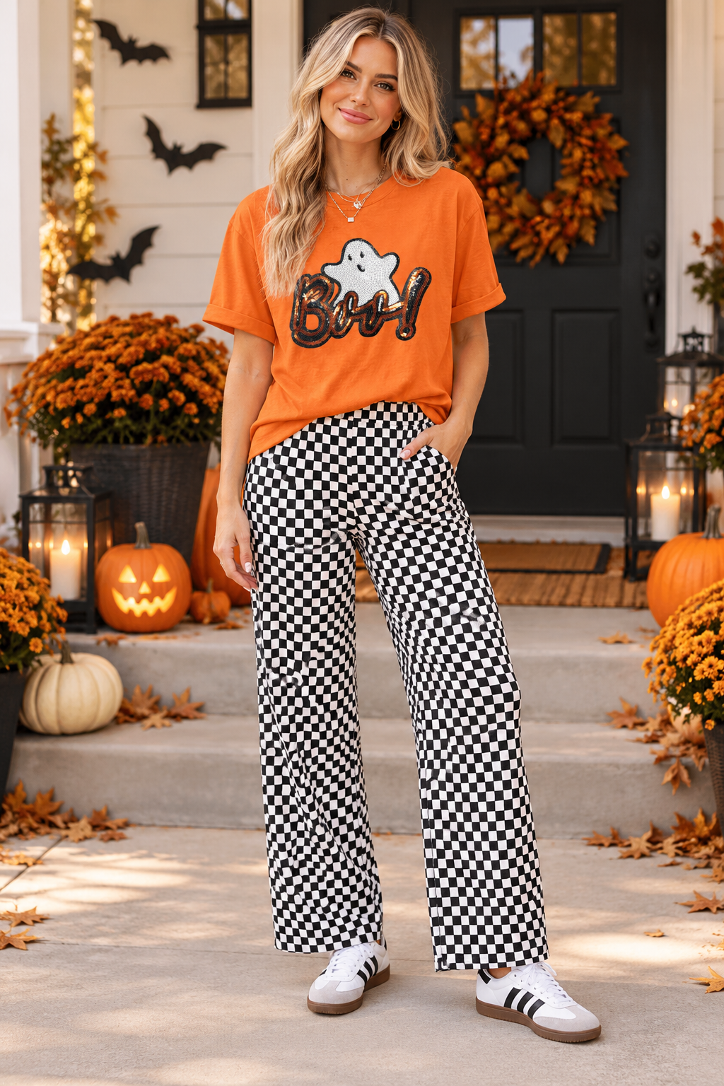 Orange Sequin Ghost Halloween T-Shirt