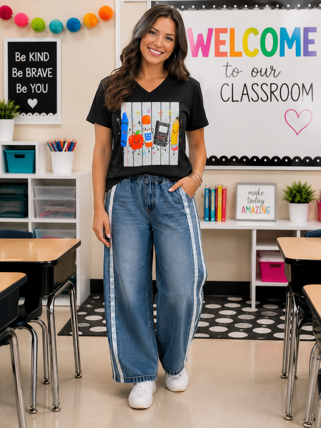 Back to School Supplies Gang V-Neck Bella Canvas T-shirt with Rhinestone Bling Accents