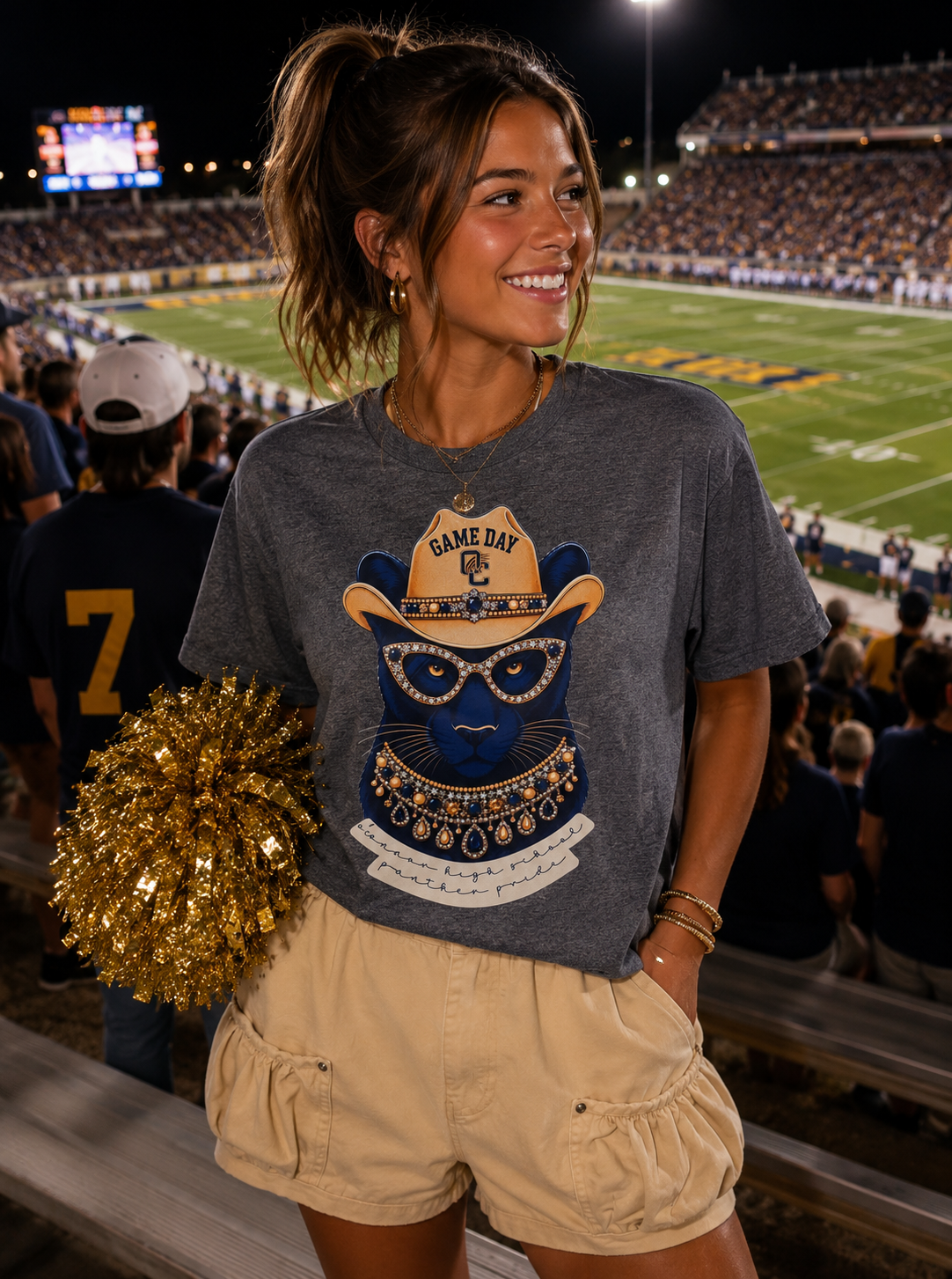 O'Connor Game Day Panther Gildan Soft Style Heathered Navy T-Shirt with Bling Accents