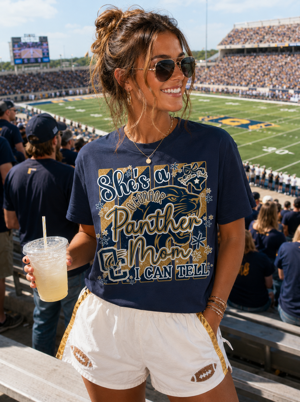 She's a O'Connor Panther Mom I Can Tell Bella Canvas Navy T-Shirt with Bling Accents