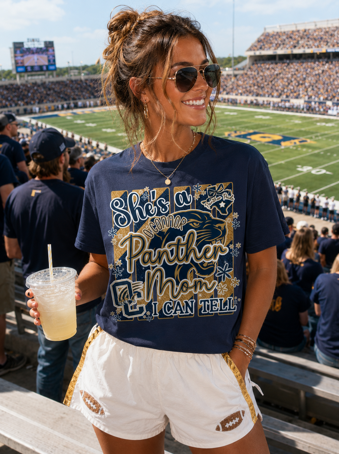 She's a O'Connor Panther Mom I Can Tell Bella Canvas Navy T-Shirt with Bling Accents