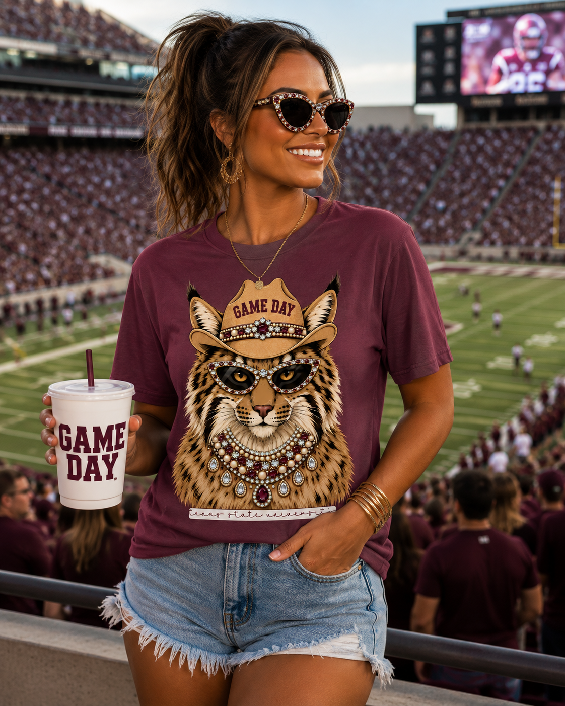 Texas State Mascot Game Day Bella Canvas T-Shirt with Rhinestone Bling Accents