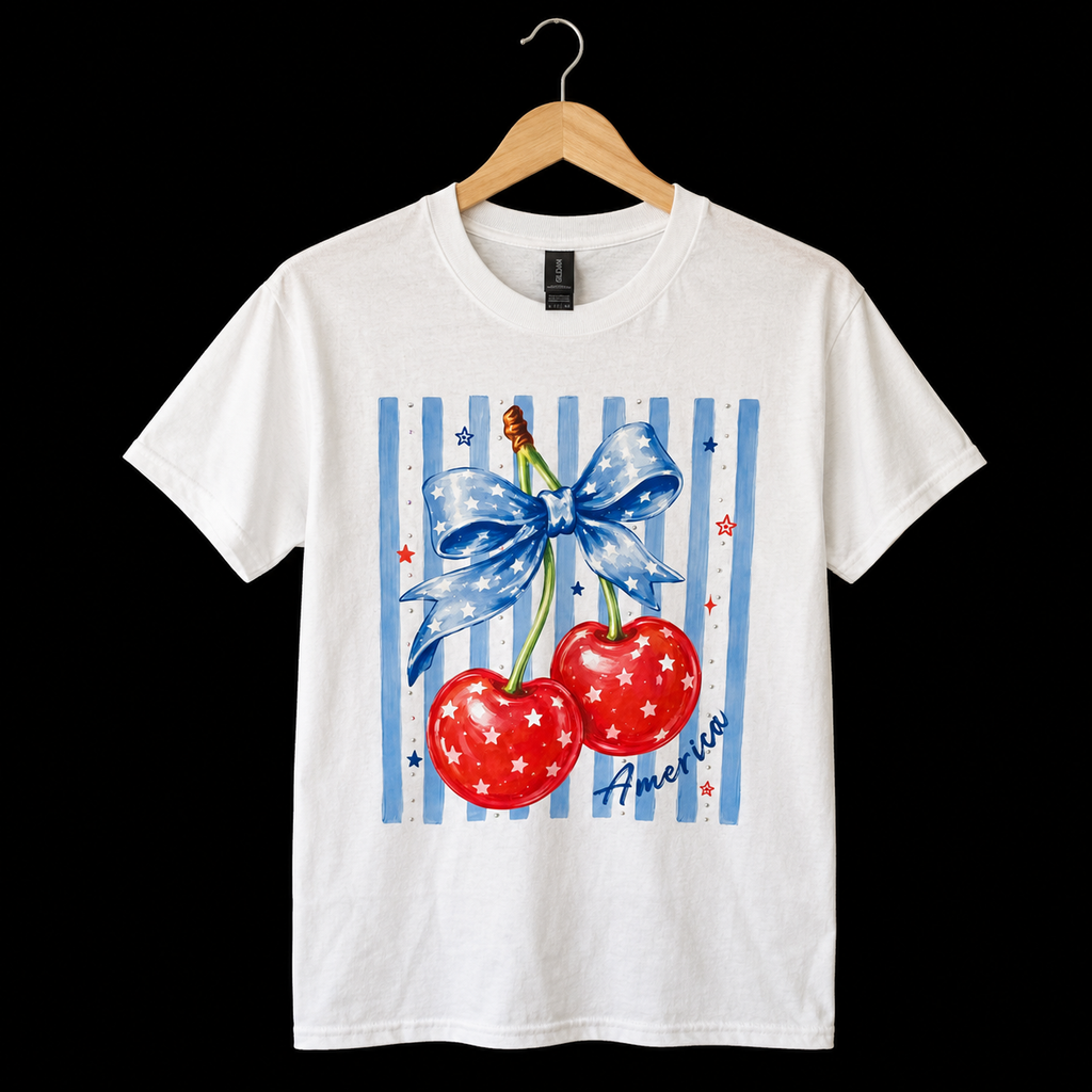 America Striped Cherry Bling Accents Gildan T-Shirt