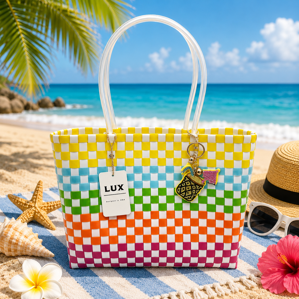 Checkered Basket Weave Tote Bag White Multi-colored with Pina Colada Bling Charm