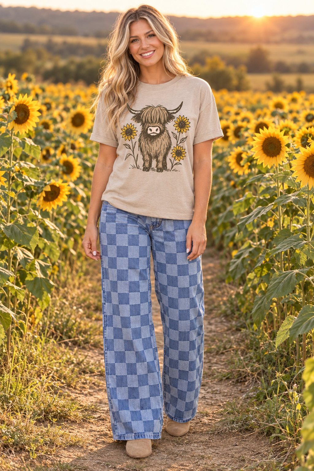 Dusk Blue Checkered Denim Wide Leg Jeans