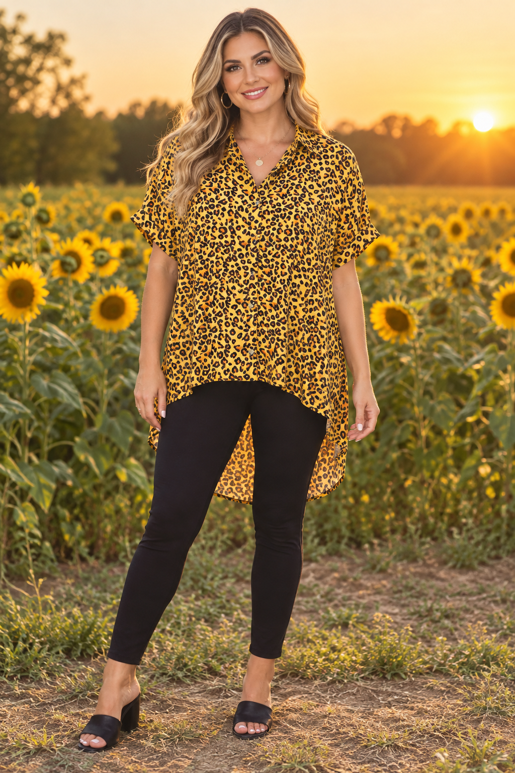 Leopard Button Up High Low Top