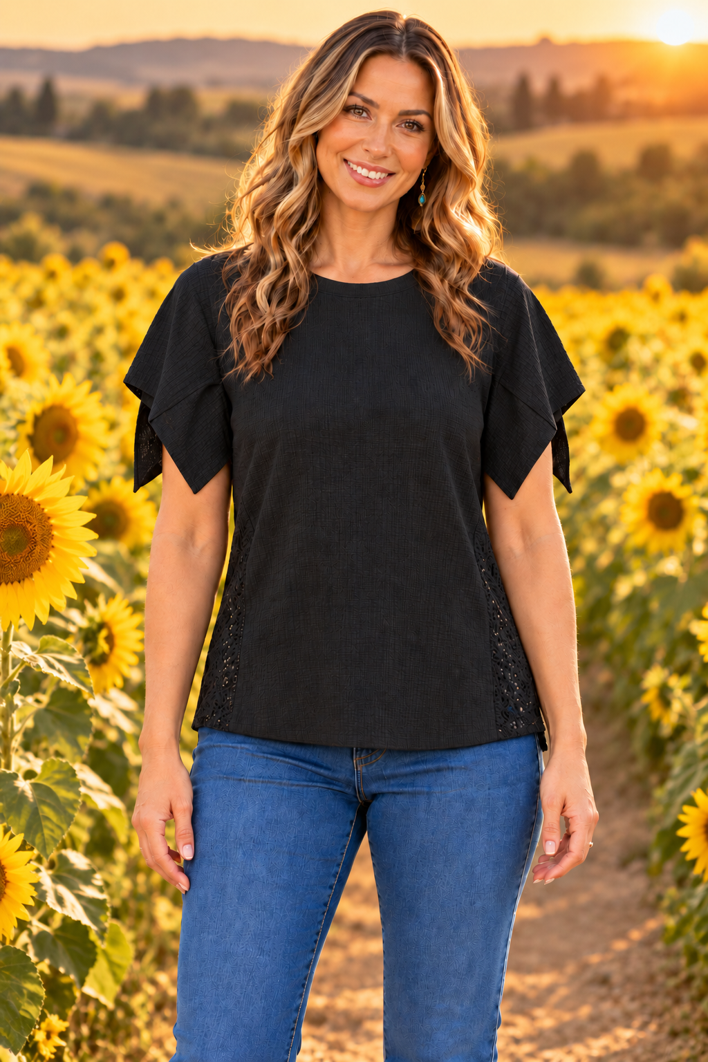 Solid Black Half Sleeve Top With Lace Detail