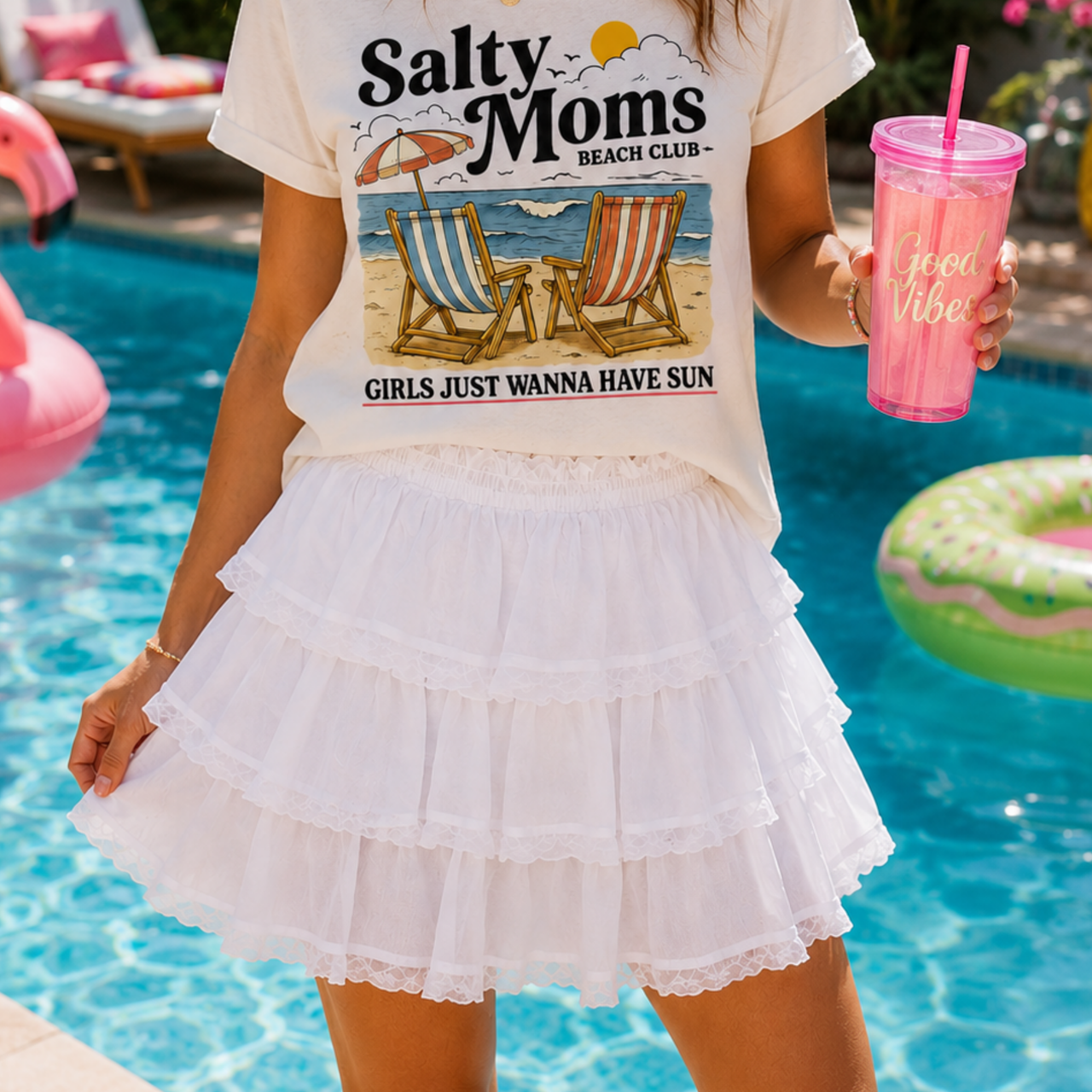 Women's Elastic Waist Tiered Ruffle White Mini Skort