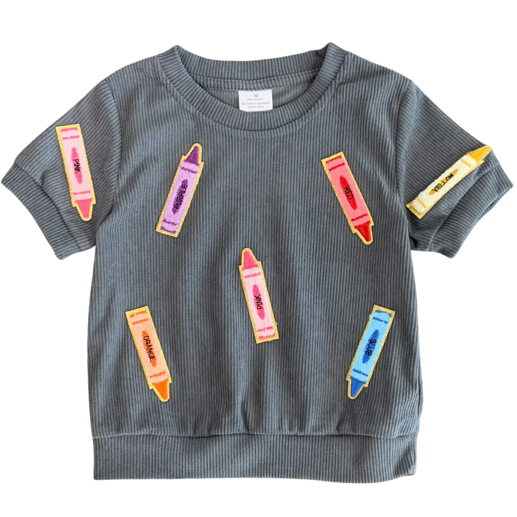Gray Corduroy Crayon Patches Boutique Top