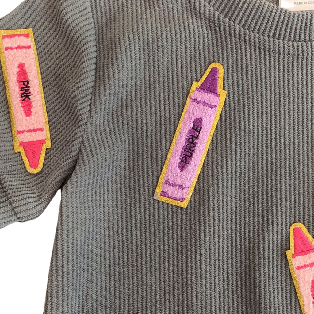 Gray Corduroy Crayon Patches Boutique Top