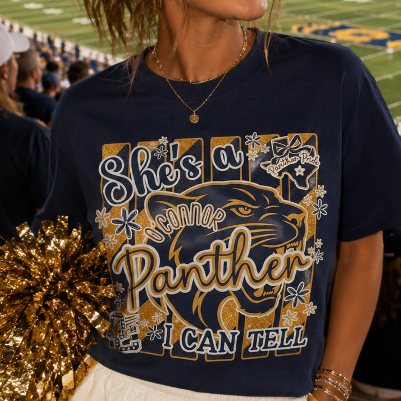 She's a O'Connor Panther I Can Tell Gildan Navy T-Shirt with Bling Accents