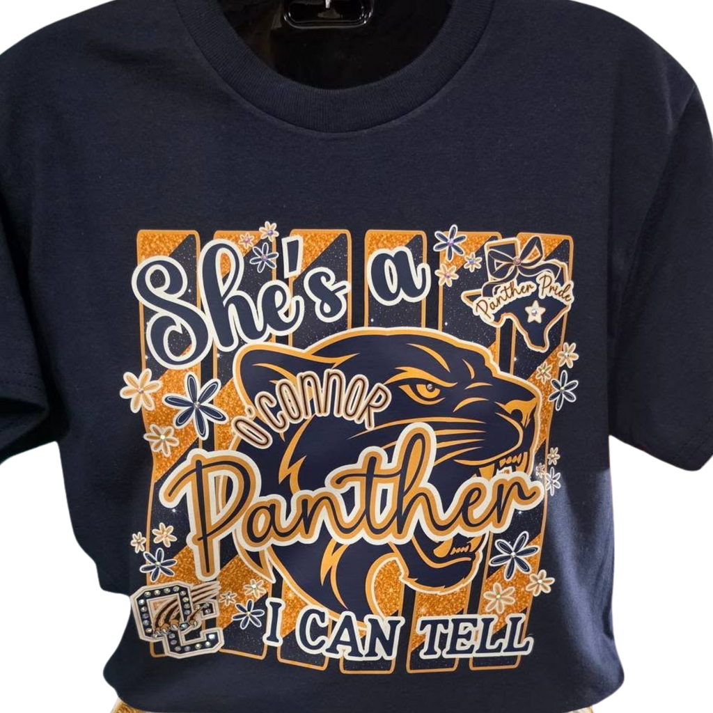 She's a O'Connor Panther I Can Tell Gildan Navy T-Shirt with Bling Accents