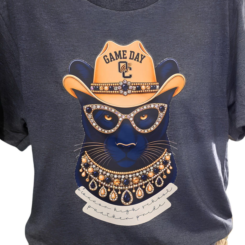 O'Connor Game Day Panther Gildan Soft Style Heathered Navy T-Shirt with Bling Accents
