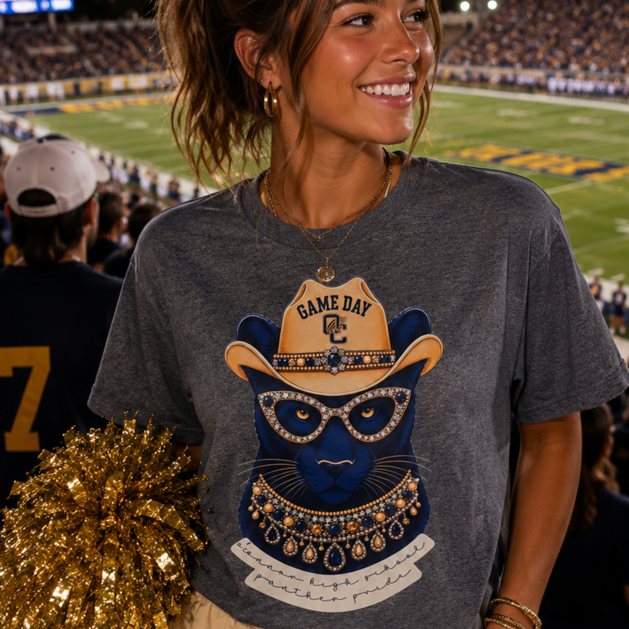 O'Connor Game Day Panther Gildan Soft Style Heathered Navy T-Shirt with Bling Accents