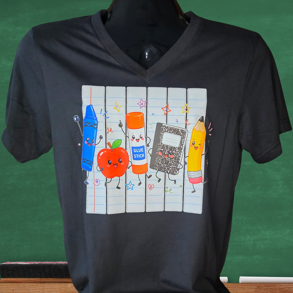 Back to School Supplies Gang V-Neck Bella Canvas T-shirt with Rhinestone Bling Accents
