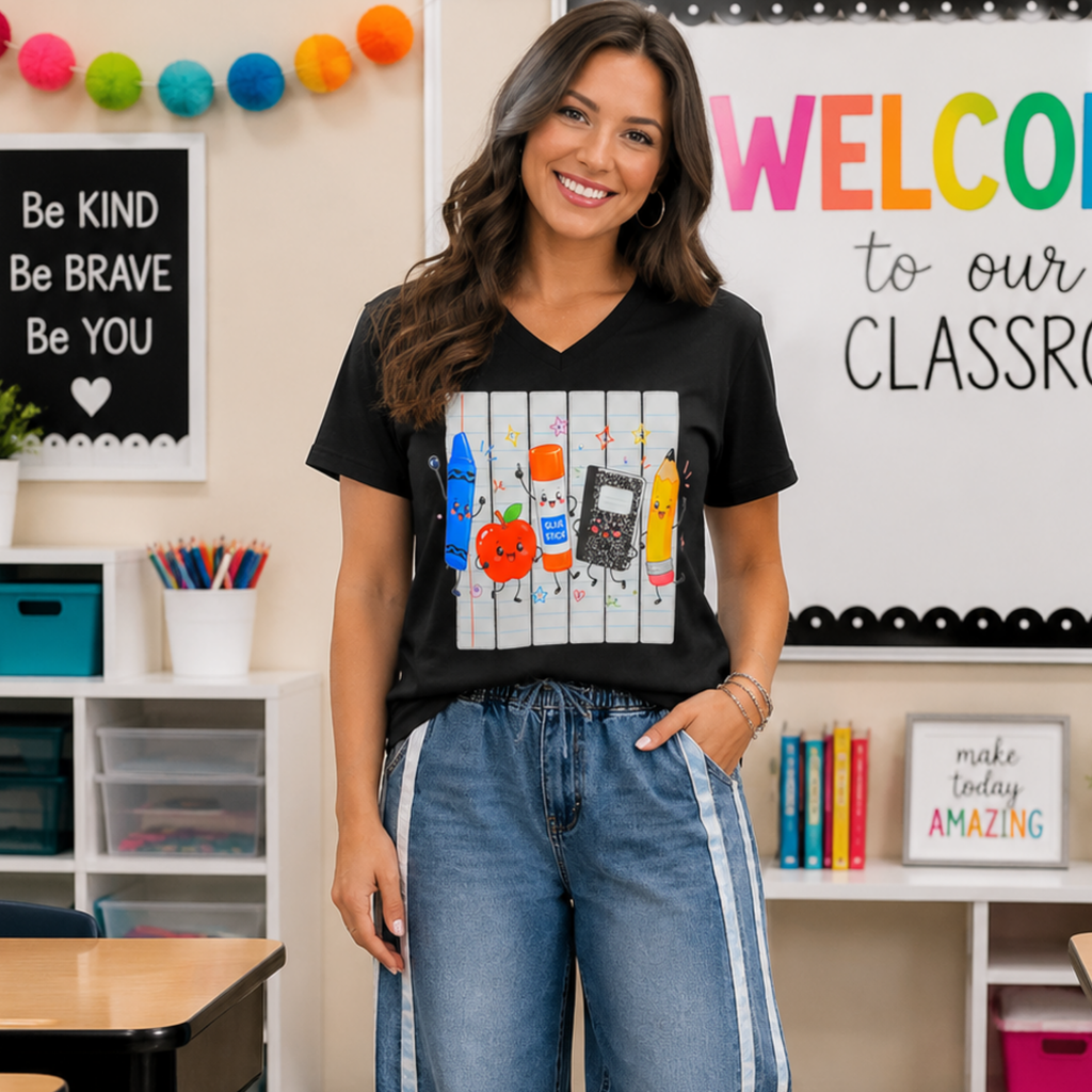 Back to School Supplies Gang V-Neck Bella Canvas T-shirt with Rhinestone Bling Accents