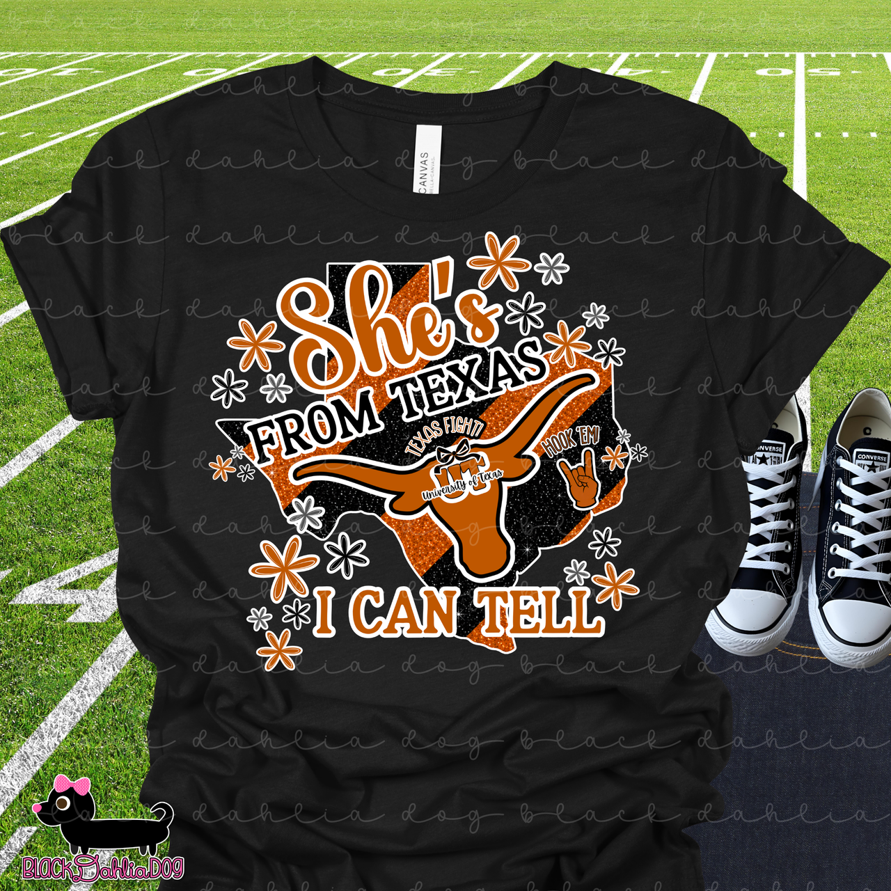 She's From Texas I Can Tell Longhorns Bella Canvas T-Shirt with Rhinestone Bling Accents