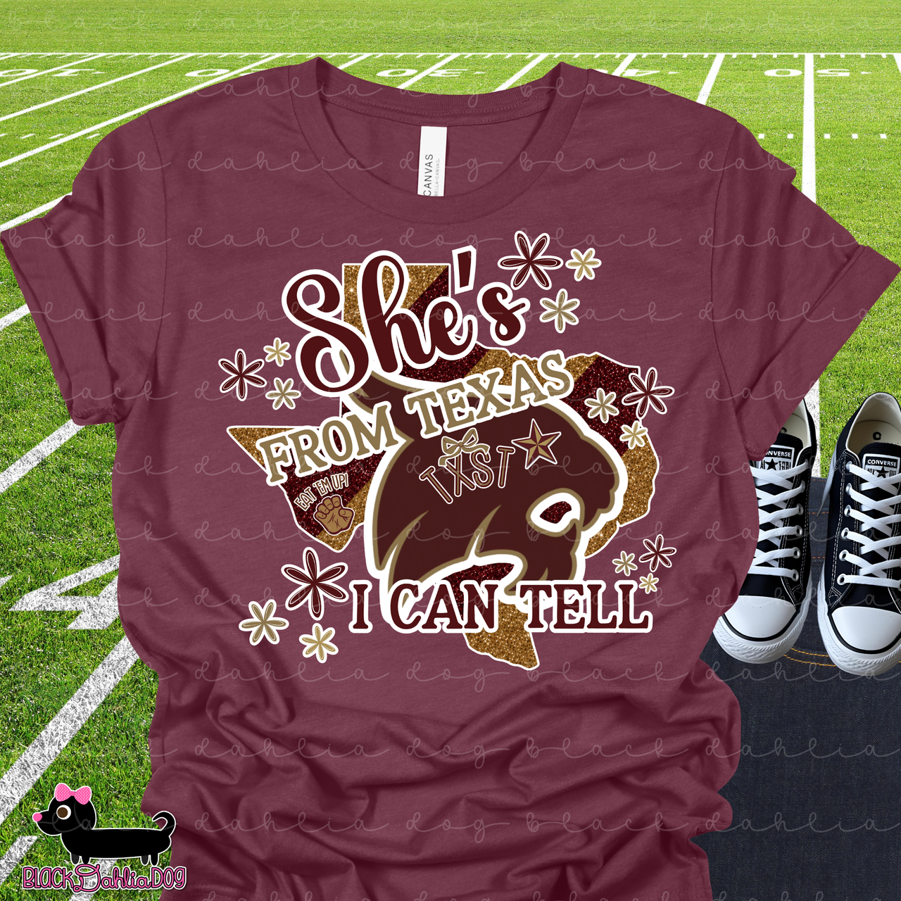 She's From Texas I Can Tell Bobcats Bella Canvas T-Shirt with Rhinestone Bling Accents