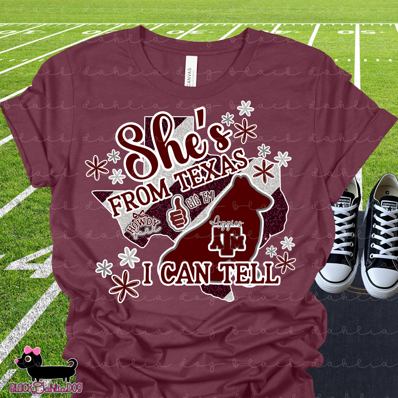 She's From Texas I Can Tell Aggies Bella Canvas T-Shirt with Rhinestone Bling Accents