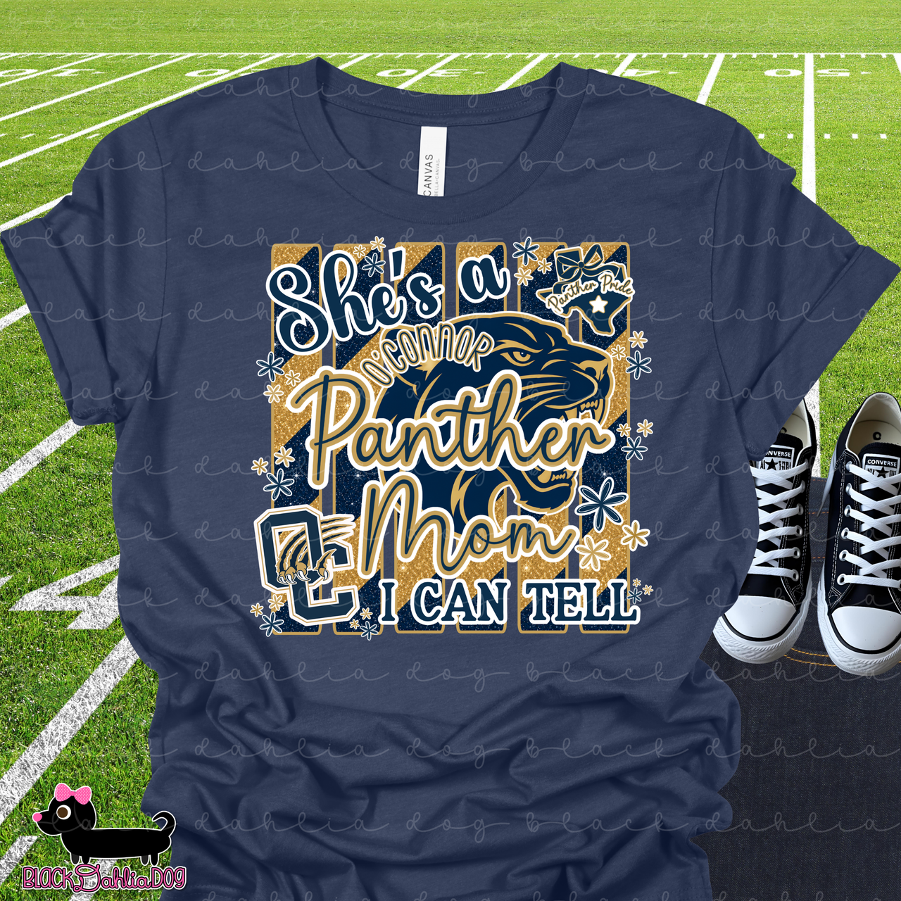 She's a O'Connor Panther Mom I Can Tell Bella Canvas Navy T-Shirt with Bling Accents