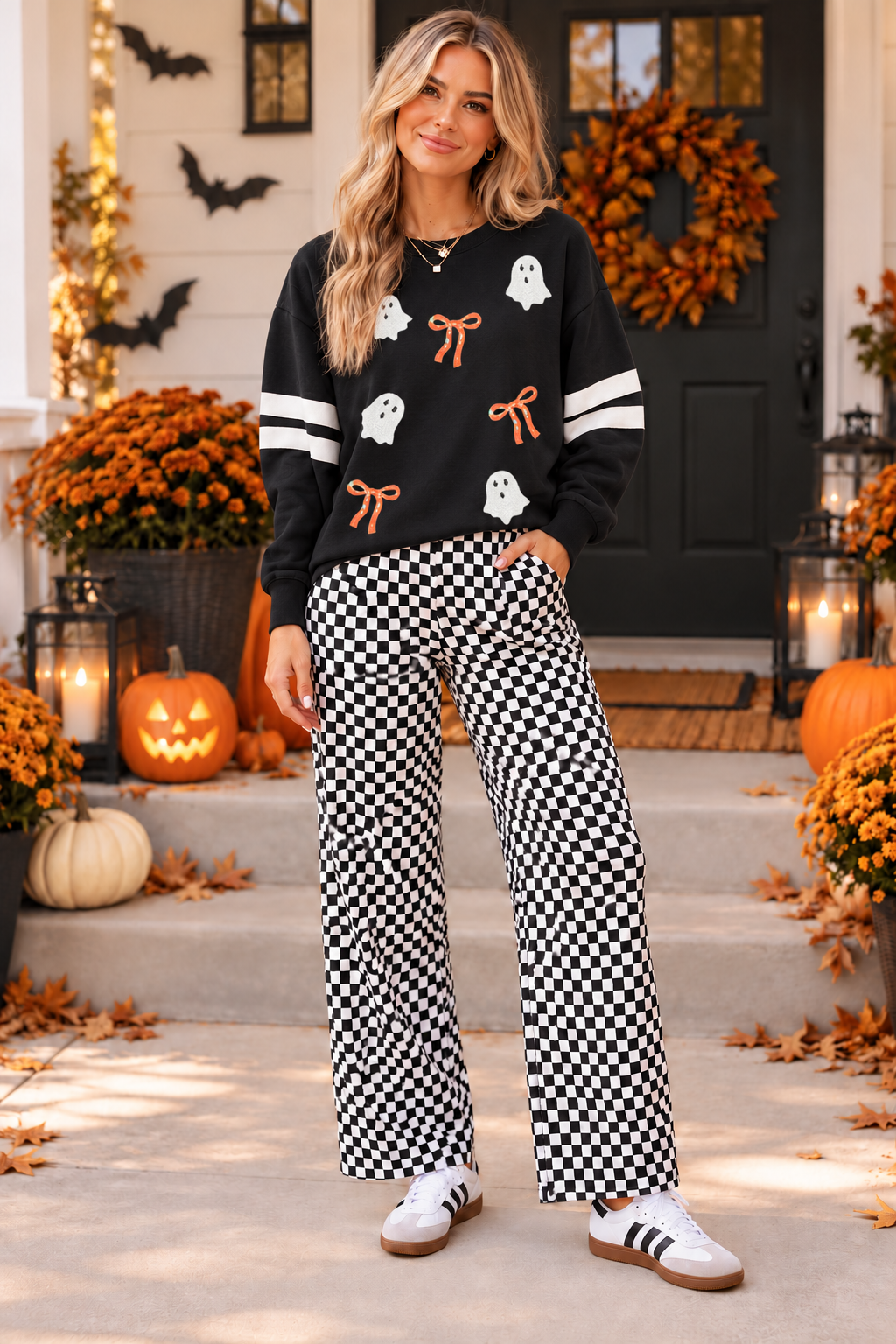 Black Sequin Ghost & Bow Varsity Stripe Sweatshirt