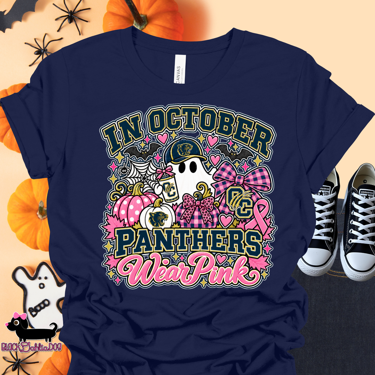 In October Panthers Wear Pink Canvas T-Shirt with Bling Accents