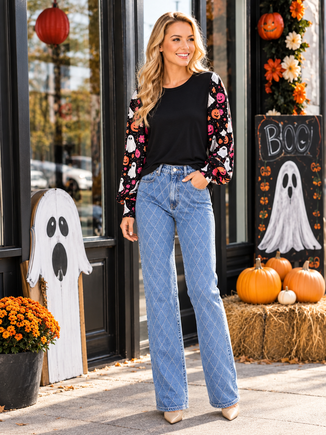 Halloween Ghost & Pumpkins Print Balloon Sleeve Top