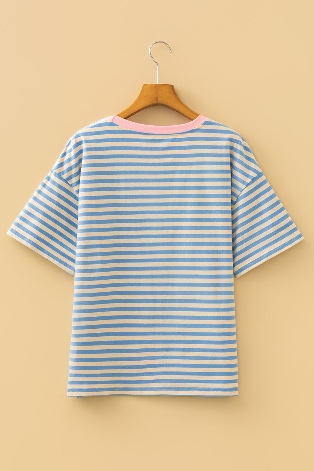 Sky Blue Stripe Sequin Strawberry Contrast Trim Round Neck Tee