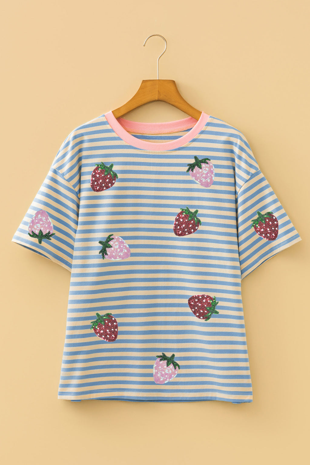 Sky Blue Stripe Sequin Strawberry Contrast Trim Round Neck Tee