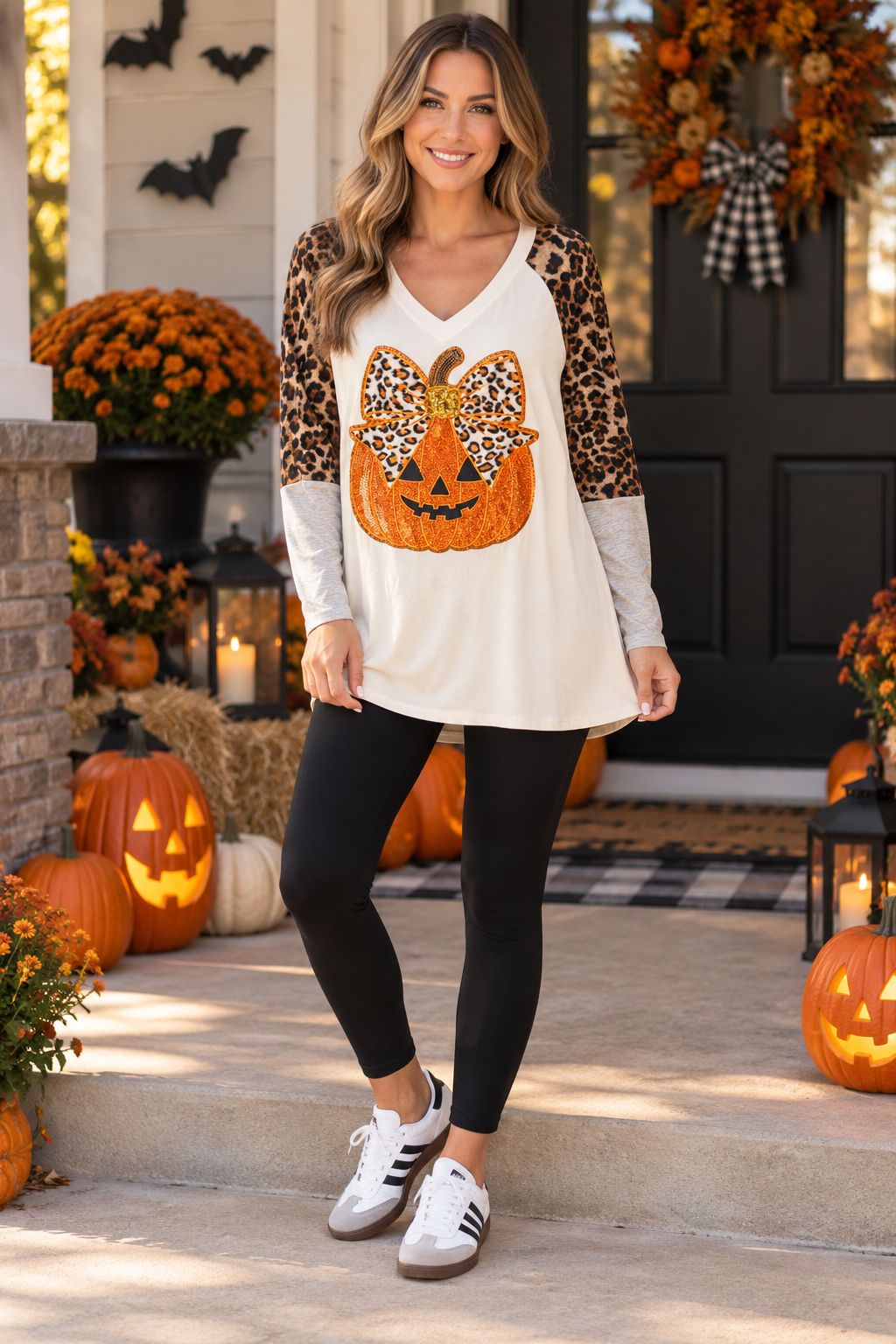Sequin Pumpkin & Leopard Bow V-Neck Tunic Top