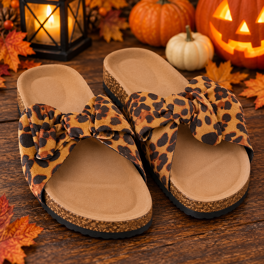 Leopard Bow Slide Sandals