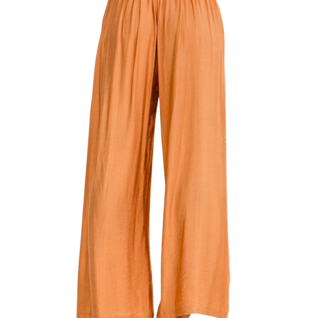 Women's Elastic Waist Front Pockets Wide Leg Crochet Trim Burnt Orange Pants
