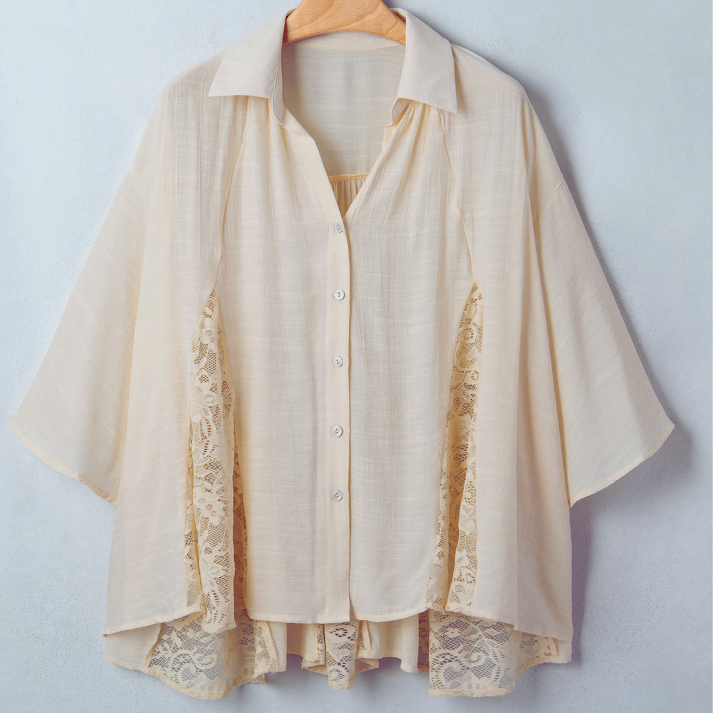 Oatmeal Sheer Lace Splicing Detail Bracelet Sleeve Loose Flowy Shirt