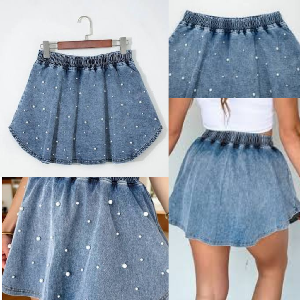 Ashleigh Blue Denim Pearl Embellished Elastic Waist Mini Skort