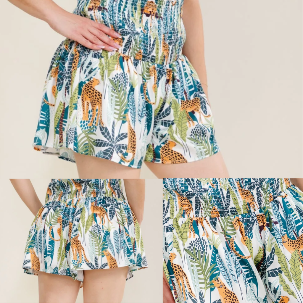 Women's Plus Size White Background Smock Waist Printed Satin Shorts
