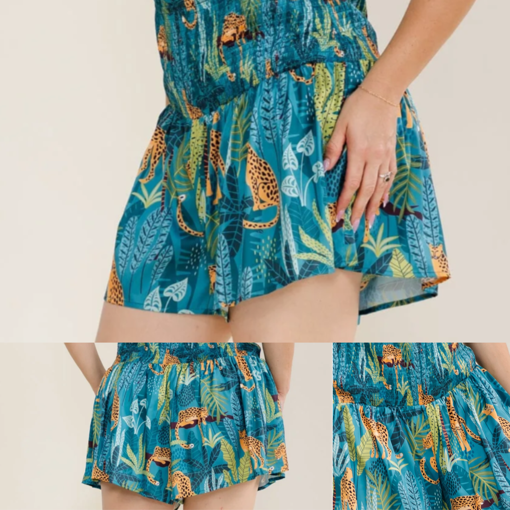 Women's Plus Size Teal Background Smock Waist Printed Satin Shorts