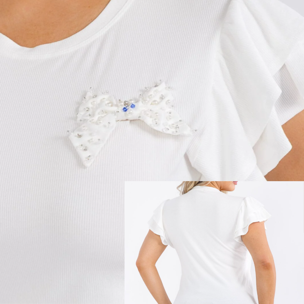 Plus Size short Ruffle Sleeve Pearl Bow Ribbed Top