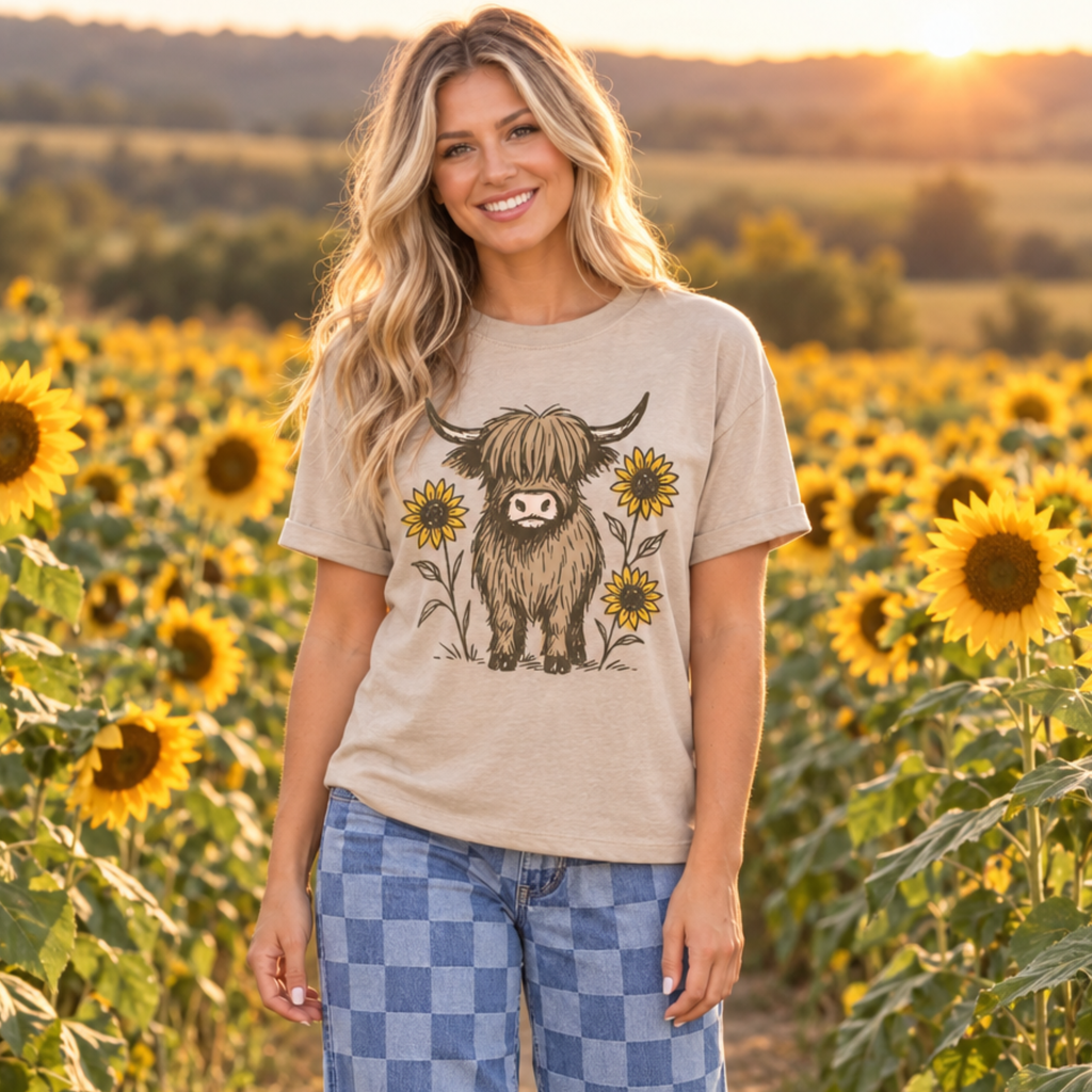 Khaki Highland Cow Graphic T-Shirt
