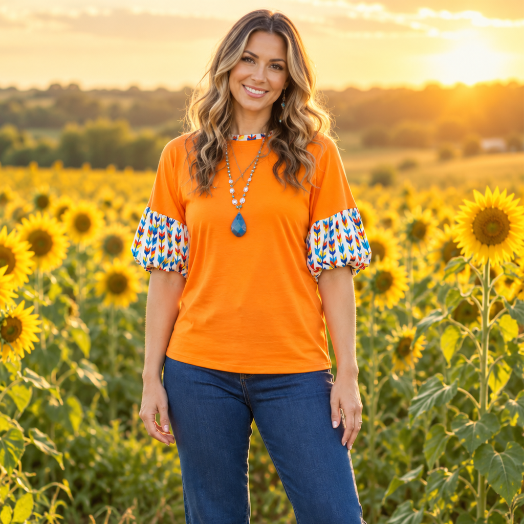 Arrows Orange Balloon Sleeve Top