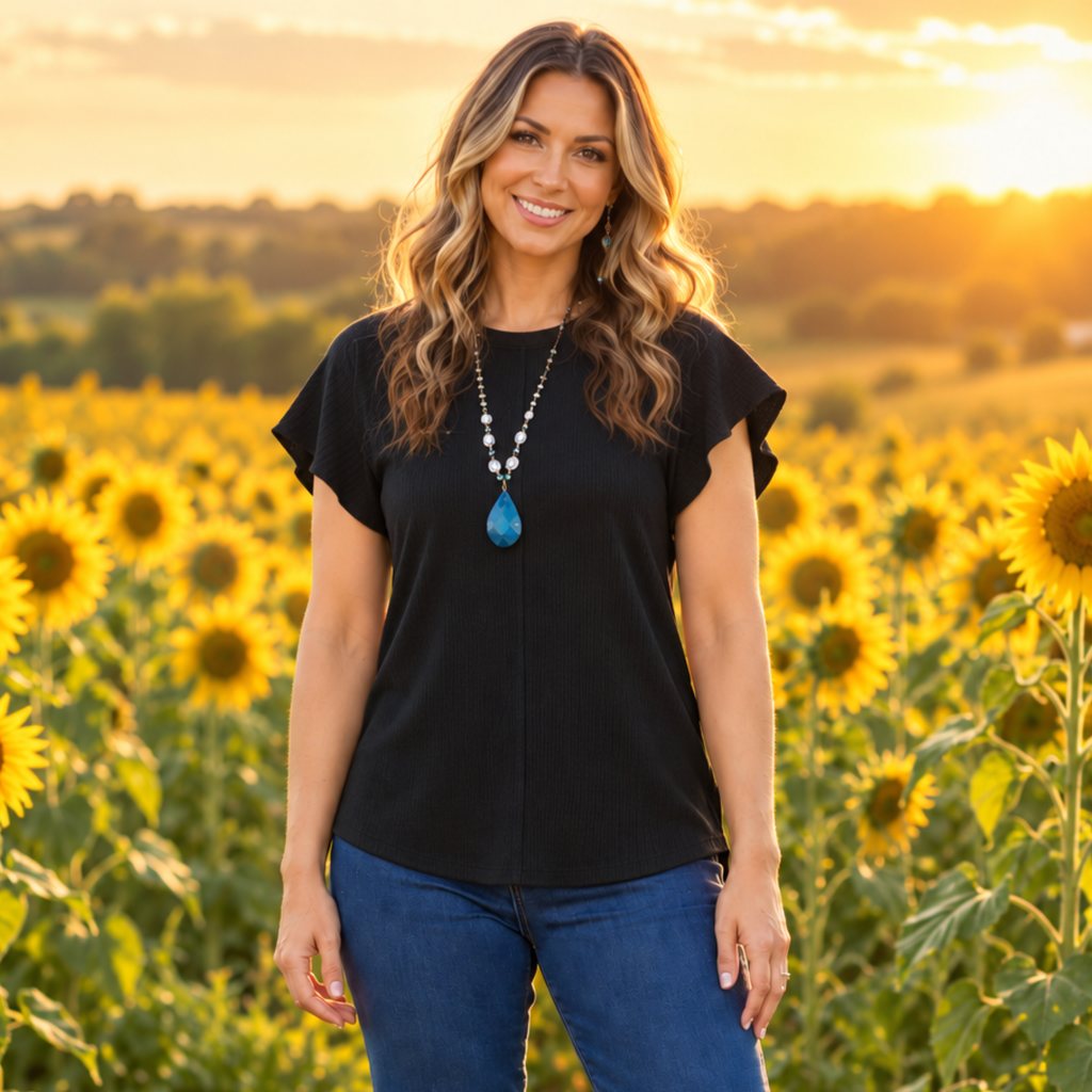 Solid Black Waffle Half Sleeve Top