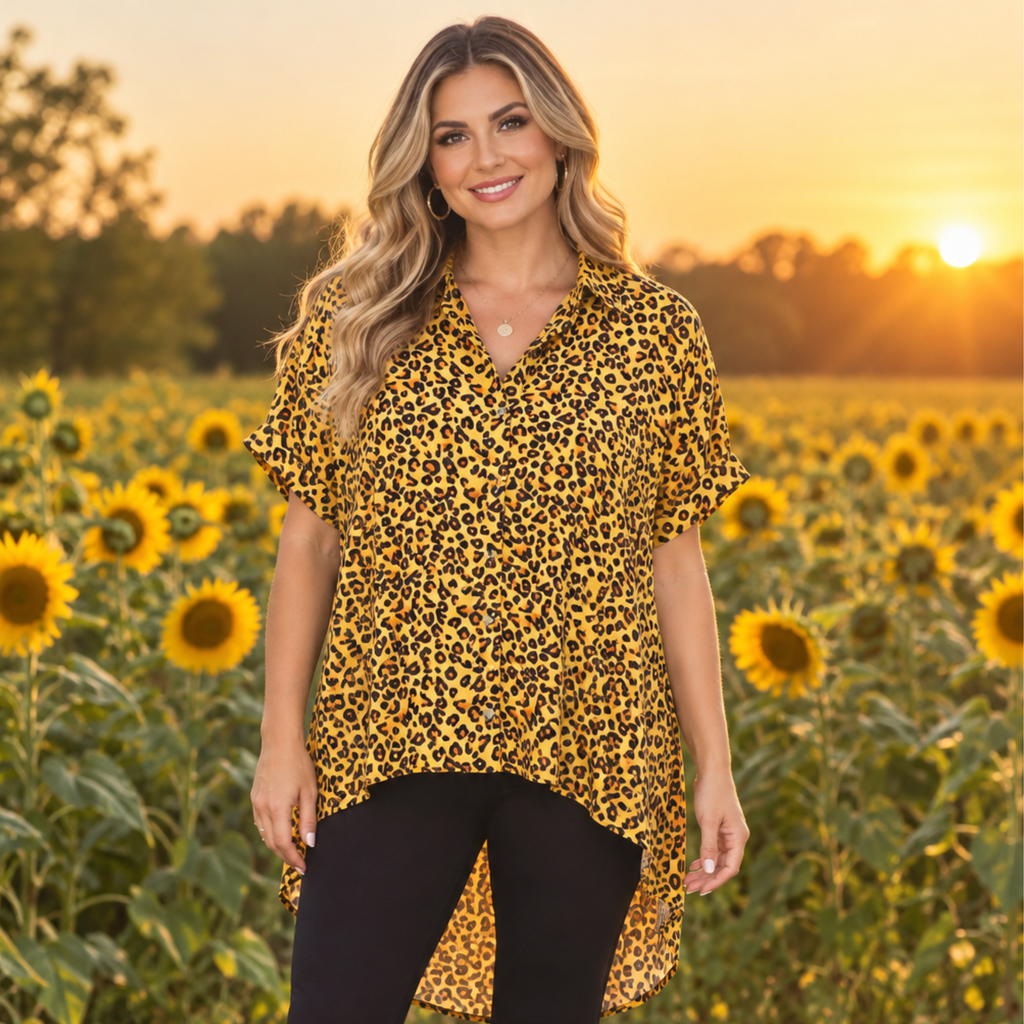 Leopard Button Up High Low Top
