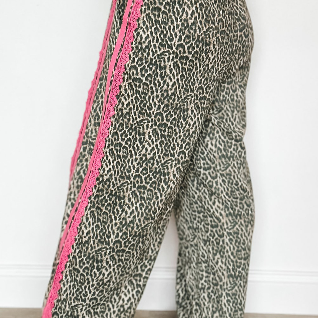 Brown Wild Leopard Print Contrast Lace Striped Detail Drawstring Pants