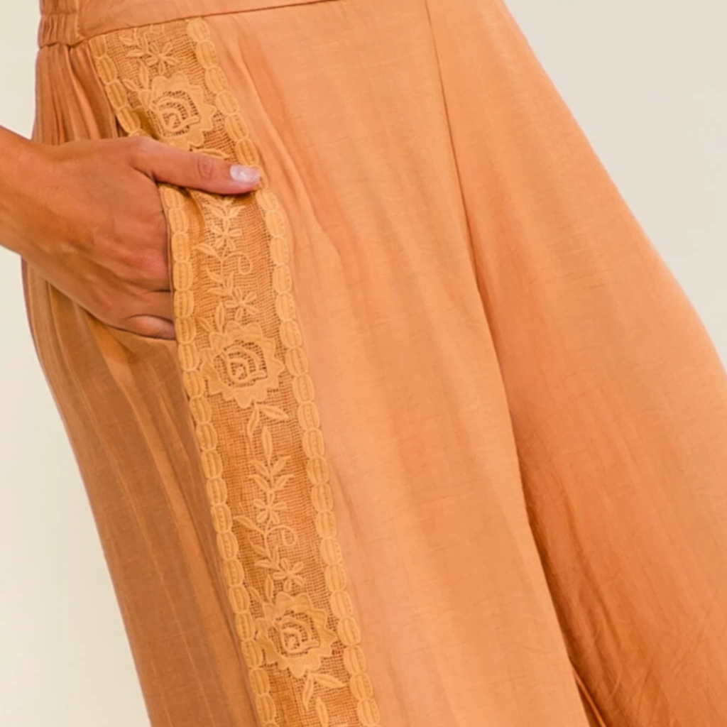 Women's Elastic Waist Front Pockets Wide Leg Crochet Trim Burnt Orange Pants
